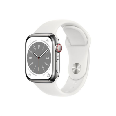 Apple Watch Series 8 GPS + Cellular – 41 mm-es ezüstszínű rozsdamentesacél tok, fehér sportszíj