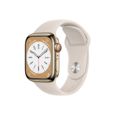 Apple Watch Series 8 GPS + Cellular – 41 mm-es aranyszínű rozsdamentesacél tok, csillagfény sportszíj