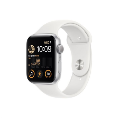 Apple Watch SE (2022) GPS – 44 mm-es ezüstszínű alumíniumtok, fehér sportszíj