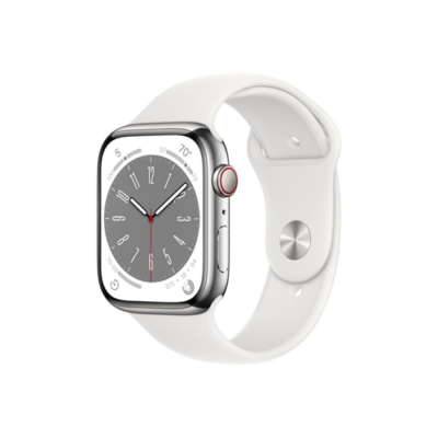 Apple Watch Series 8 GPS + Cellular – 45 mm-es ezüstszínű rozsdamentesacél tok, fehér sportszíj