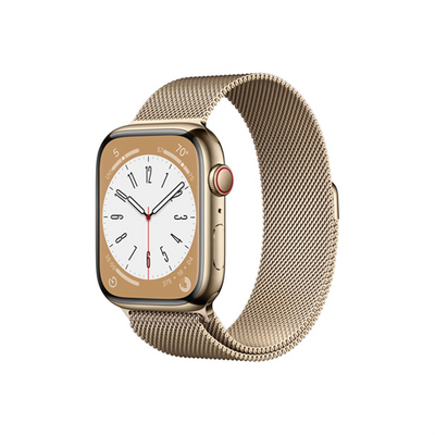 Apple Watch Series 8 GPS + Cellular – 45 mm-es aranyszínű rozsdamentesacél tok, aranyszínű milánói szíj