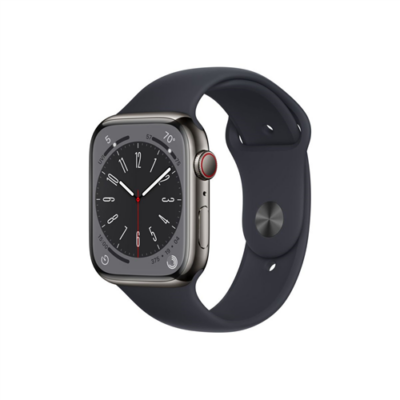 Apple Watch Series 8 GPS + Cellular – 45 mm-es grafitszínű rozsdamentesacél tok, éjfekete sportszíj
