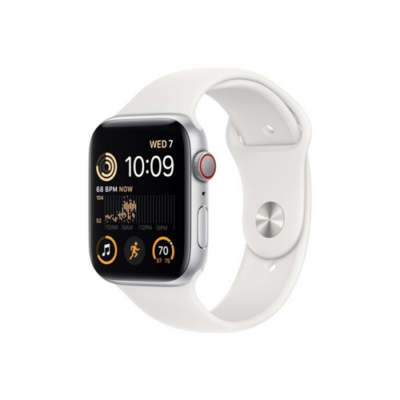 Apple Watch SE (2022) GPS + Cellular – 44 mm-es ezüstszínű alumíniumtok, fehér sportszíj