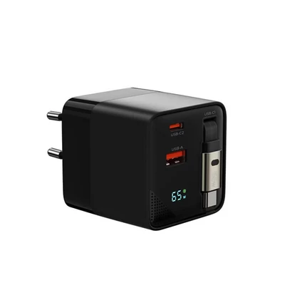 Mobile Origin 65W GaN Display Charger PW2 - USB-C Self-Retracting Cable + USB-C + USB-A