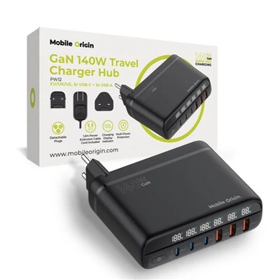 Mobile Origin GaN 140W Travel Charger Hub PW12 EU/UK/US, 3x USB-C + 3x USB-A