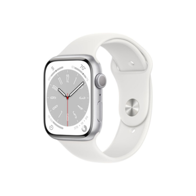 Apple Watch Series 8 GPS + Cellular – 45 mm-es ezüstszínű alumíniumtok, fehér sportszíj