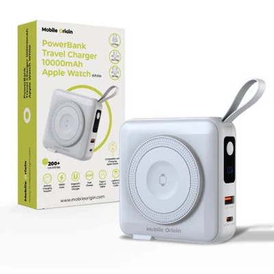 Mobile Origin PowerBank & Travel Charger, Lightning/USB-C Cable, MagSafe/AW/iPhone Compatible, white