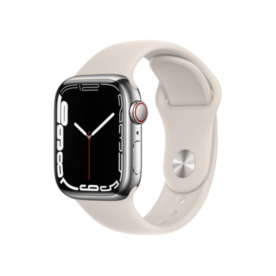 Apple Watch S7 Cellular, 41mm Silver Stainless Steel Case with Starlight Sport Band - Regular
