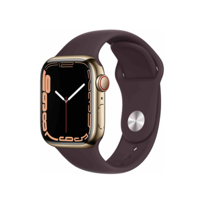 Apple Watch S7 Cellular, 41mm Gold Stainless Steel Case with Dark Cherry Sport Band - Regular