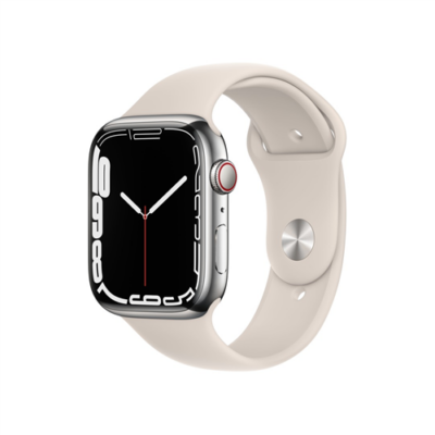Apple Watch S7 Cellular, 45mm Silver Stainless Steel Case with Starlight Sport Band - Regular