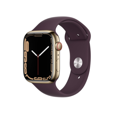Apple Watch S7 Cellular, 45mm Gold Stainless Steel Case with Dark Cherry Sport Band - Regular