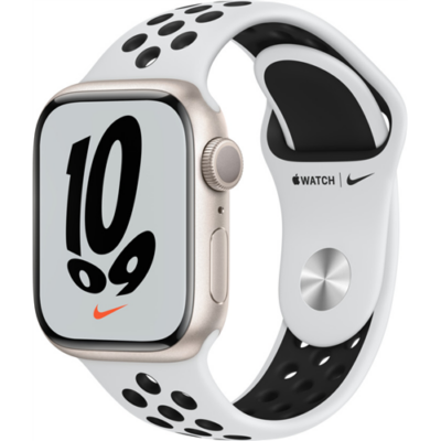 Apple Watch Nike S7 GPS, 41mm Starlight Aluminium Case with Pure Platinum/Black Nike Sport Band - Regular