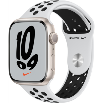 Apple Watch Nike S7 GPS, 45mm Starlight Aluminium Case with Pure Platinum/Black Nike Sport Band - Regular