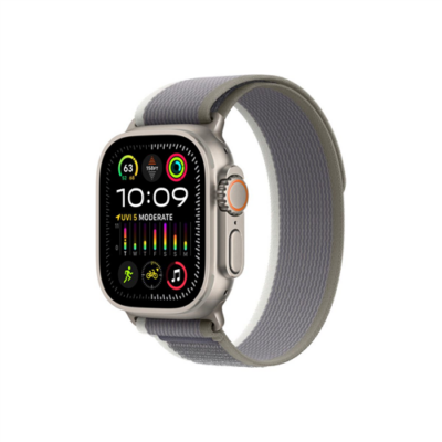 Apple Watch Ultra2 Cellular, 49mm Titanium Case w Green/Grey Trail Loop - S/M
