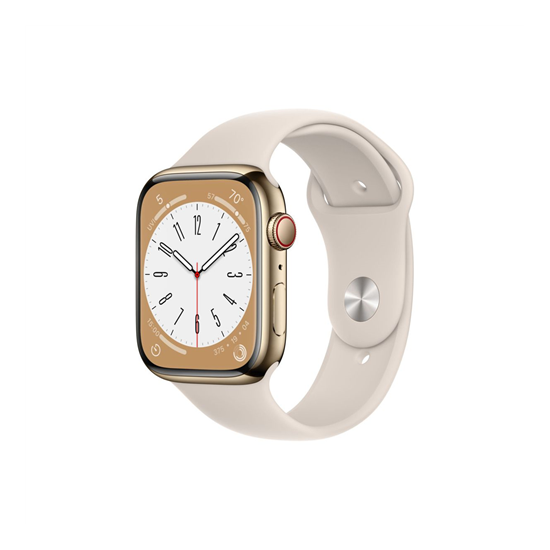 Apple Watch Series 8 GPS + Cellular – 45 mm-es aranyszínű rozsdamentesacél tok, csillagfény sportszíj