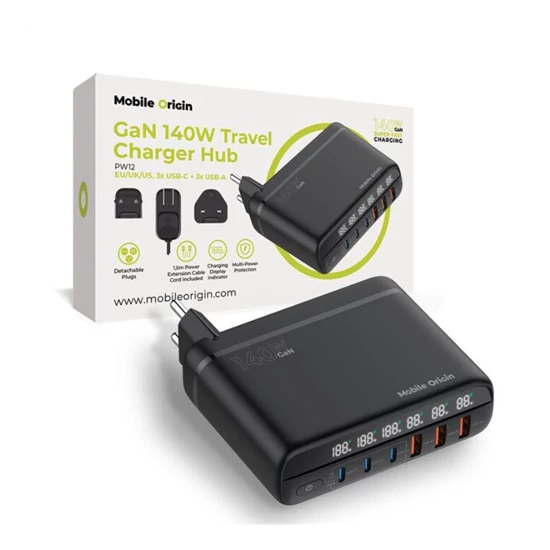 Mobile Origin GaN 140W Travel Charger Hub PW12 EU/UK/US, 3x USB-C + 3x USB-A