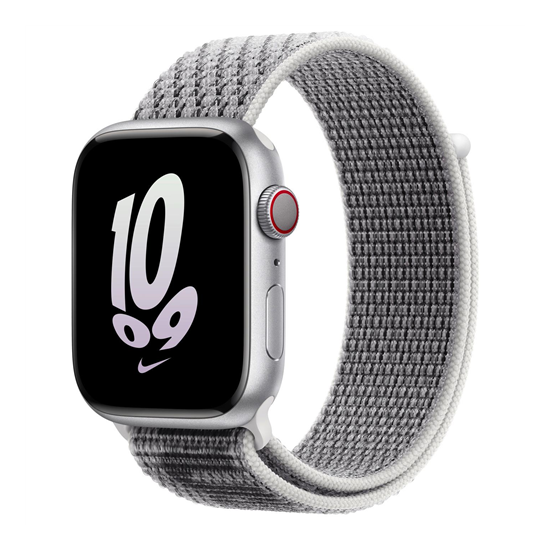 Apple Watch Series 8 GPS + Cellular, 45mm-es ezűstszínű amumíniumtok, hegycsúcsfehér-fekete Nike sportszíj