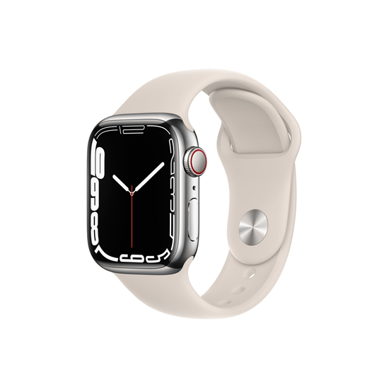 Apple Watch S7 Cellular, 41mm Silver Stainless Steel Case with Starlight Sport Band - Regular