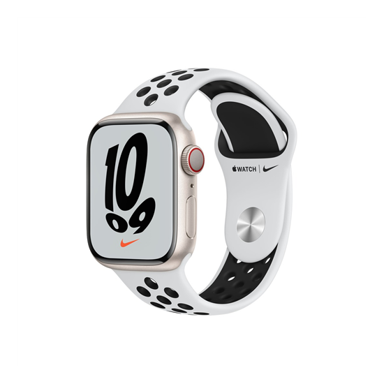 Apple Watch Nike S7 Cellular, 45mm Starlight Aluminium Case with Pure Platinum/Black Nike Sport Band - Regular